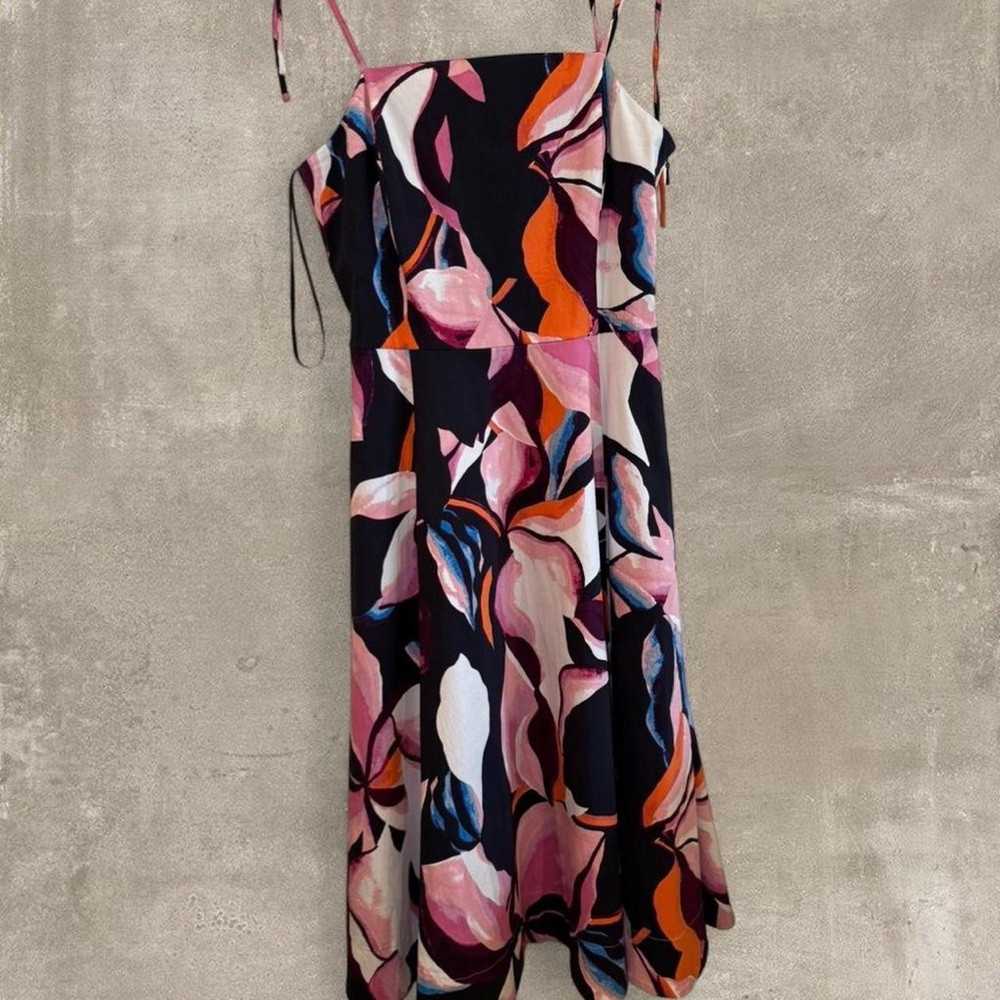 Christian Siriano Black Midi Dress with Pink, Orange & Blue Abstract Print